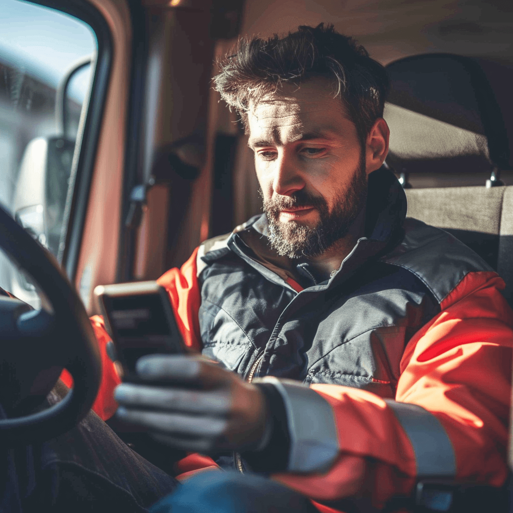 UK van driver in high-visibility vest checking phone in cab