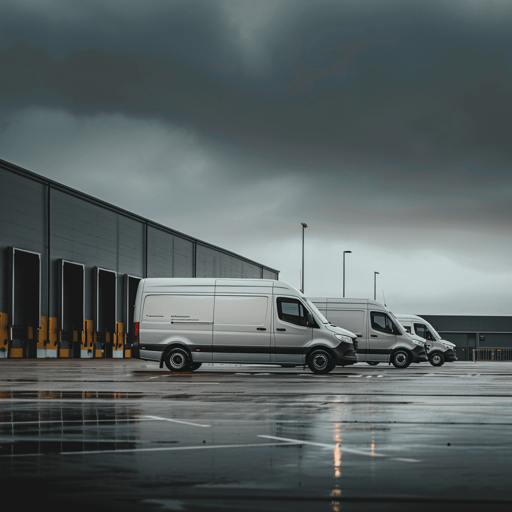 UK commercial van fleet parked at depot in overcast weather