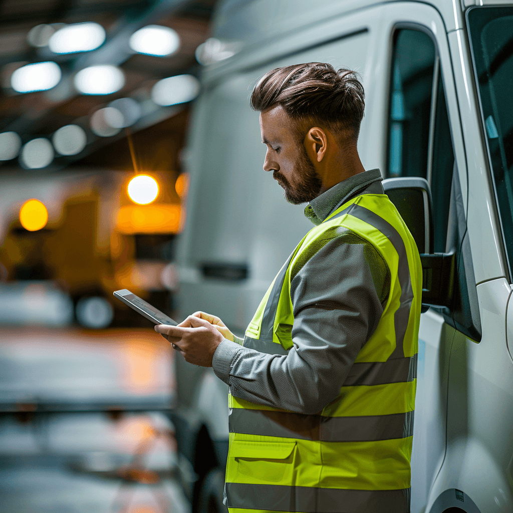 Driver completing a daily vehicle walk-round check with clipboard