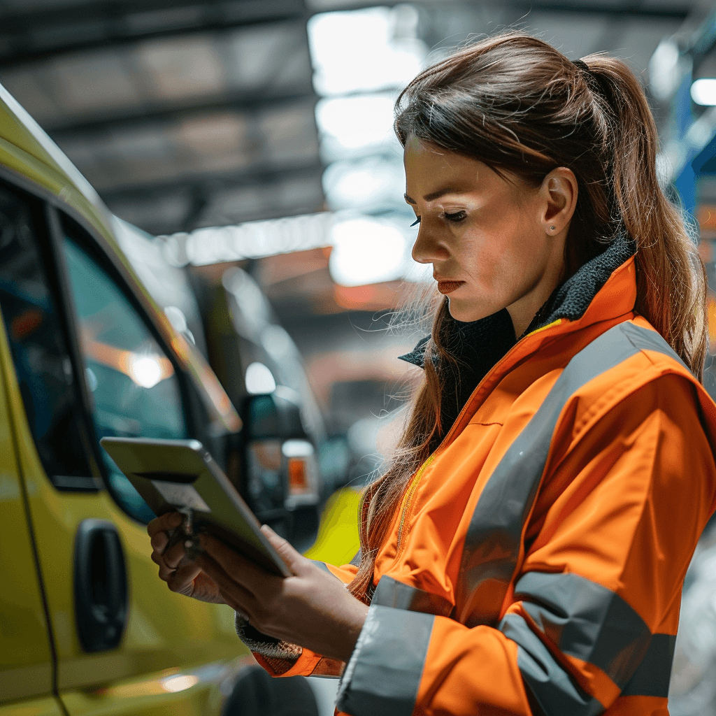 Female vehicle technician using tablet for digital inspection