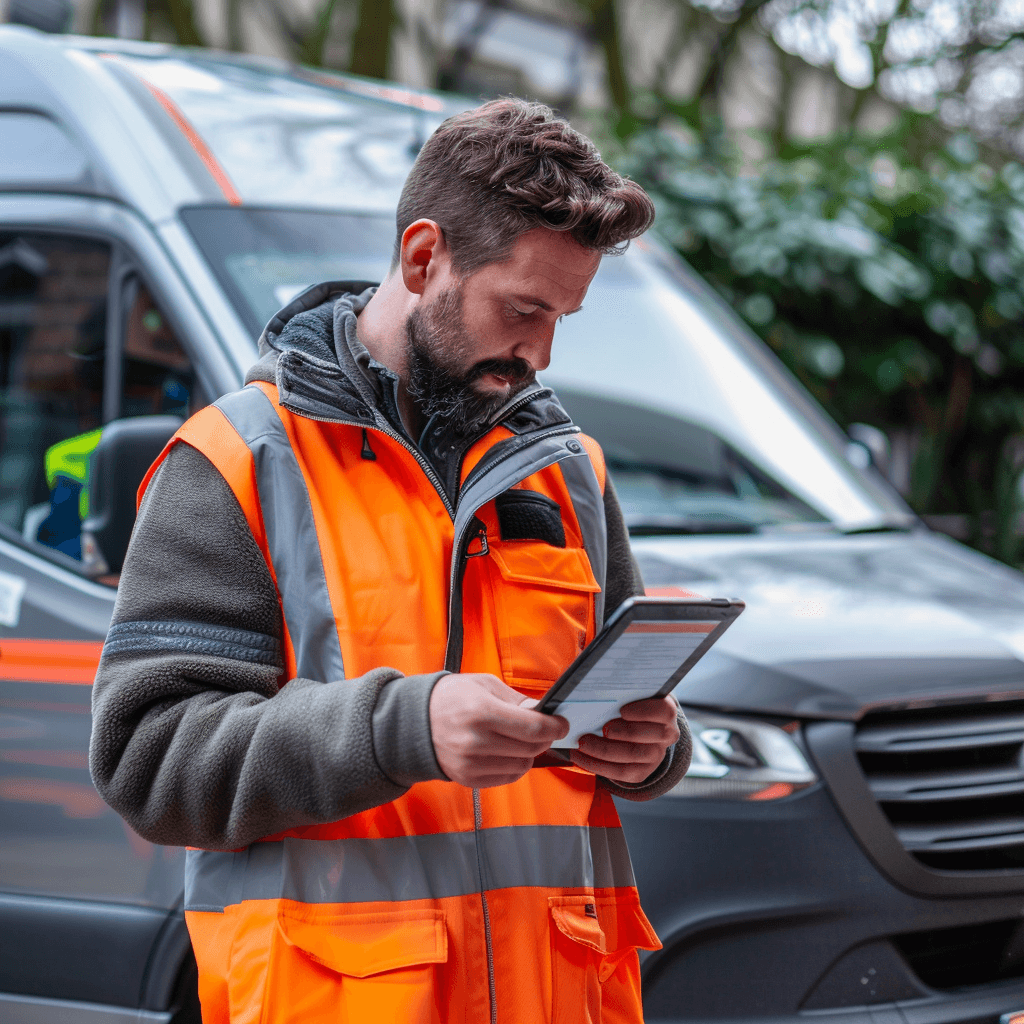 Fleet manager inspecting a commercial vehicle for compliance