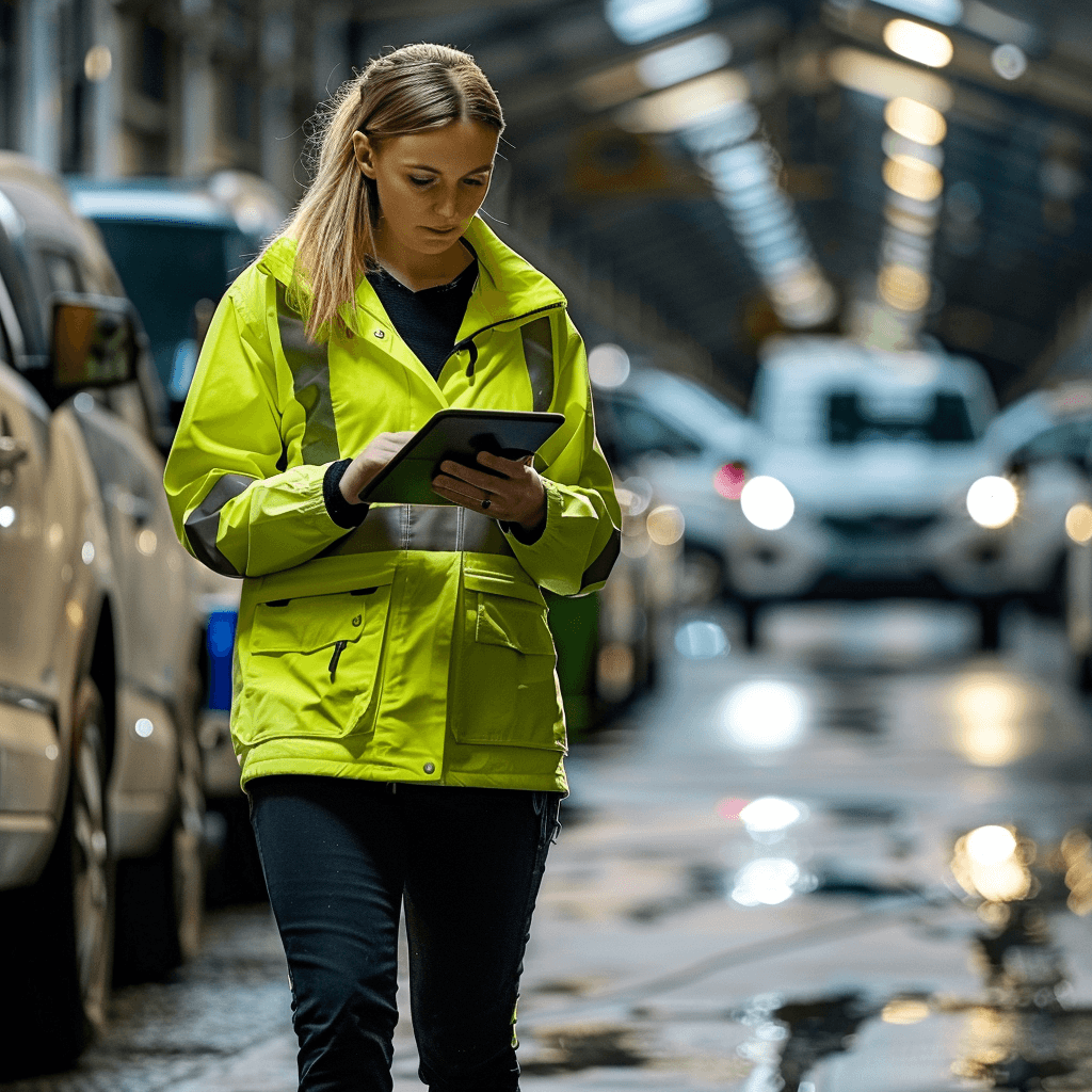 Fleet supervisor checking vehicle compliance in the yard