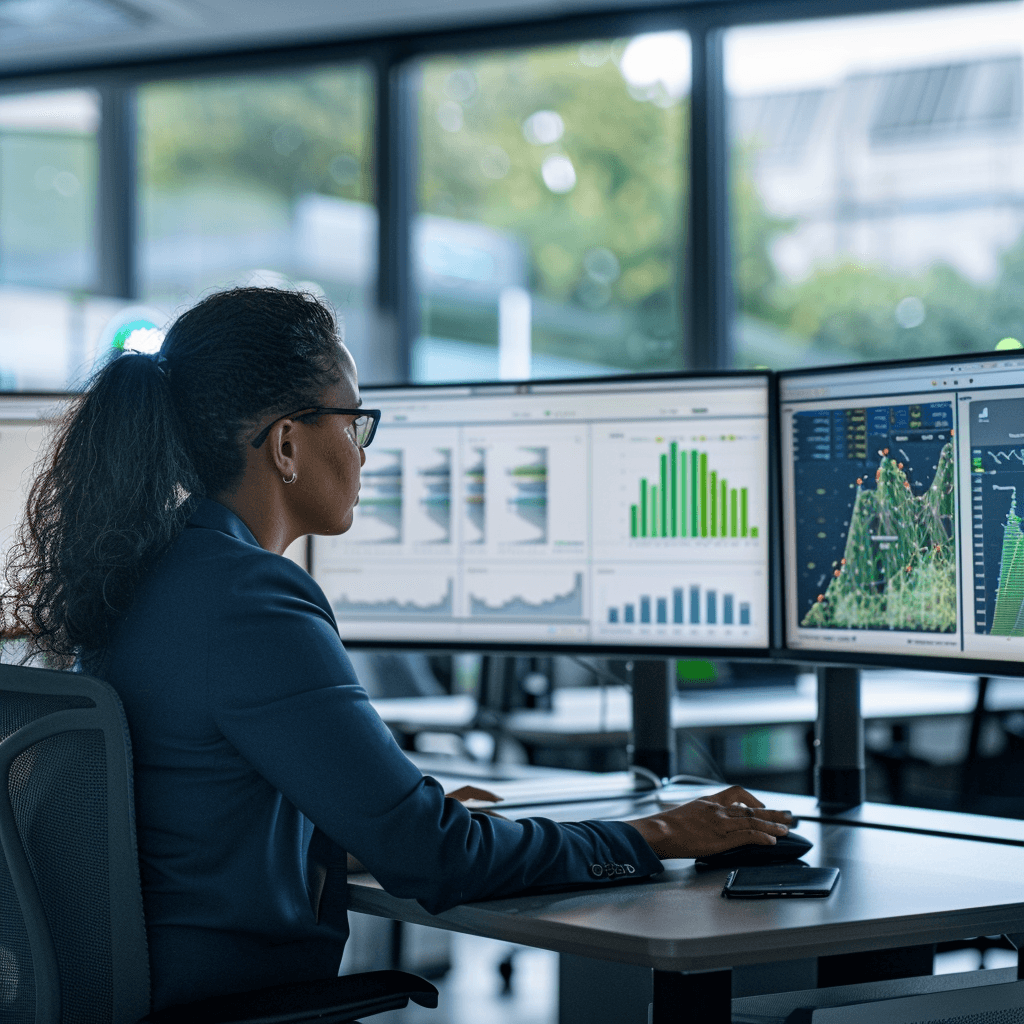 Fleet manager analysing vehicle cost data on dashboard monitors