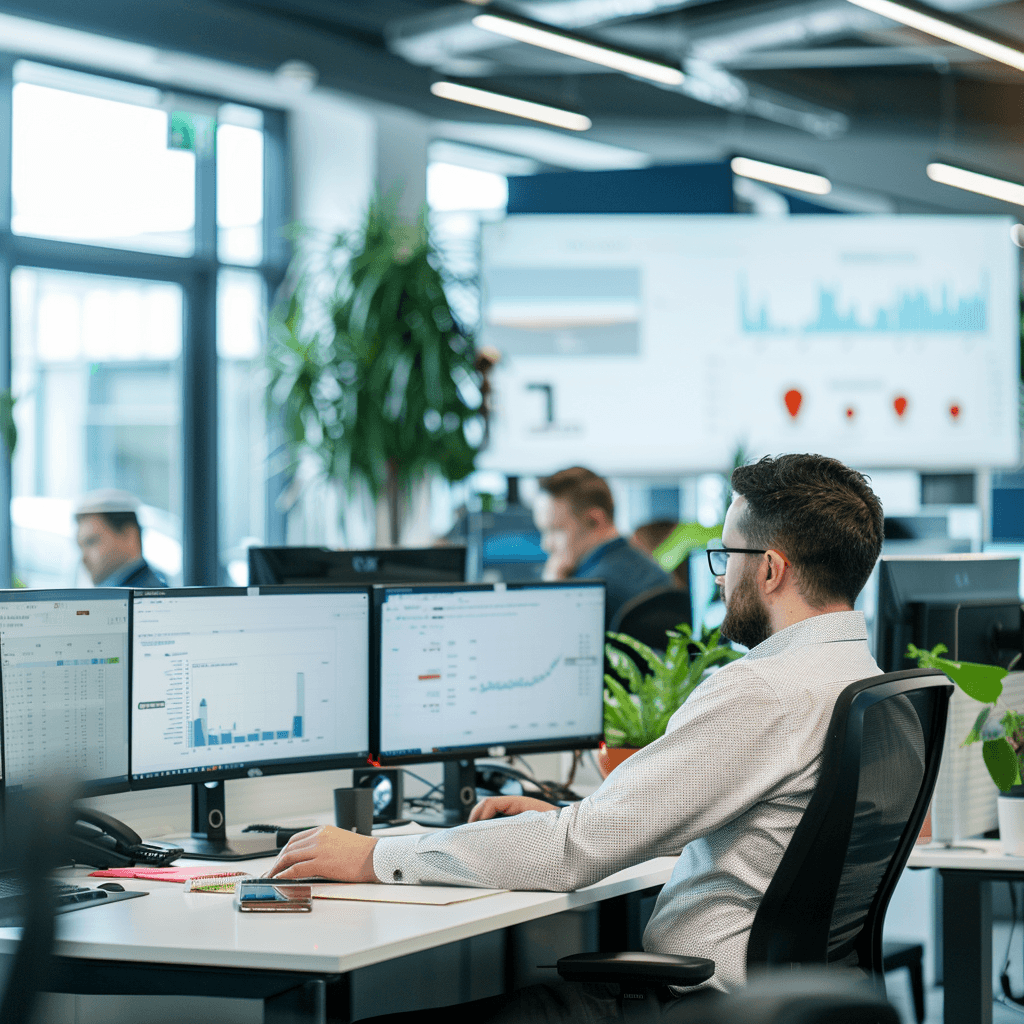 Fleet management team planning operations in a modern office