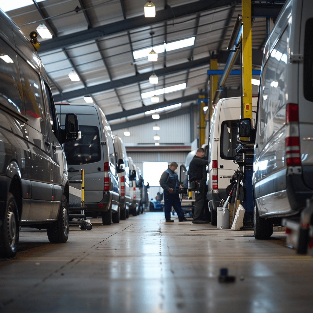 Commercial vans being serviced in a modern UK workshop bay
